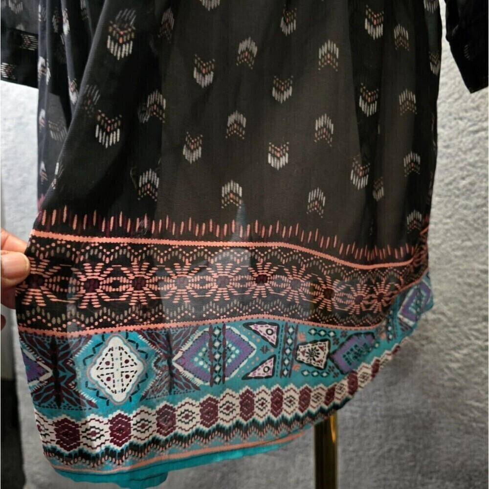 American Rag Cie Batik‎ Blouse/Tunic Sz L Pleat front Tie Back Boho Tribal Aztec - Picture 7 of 9